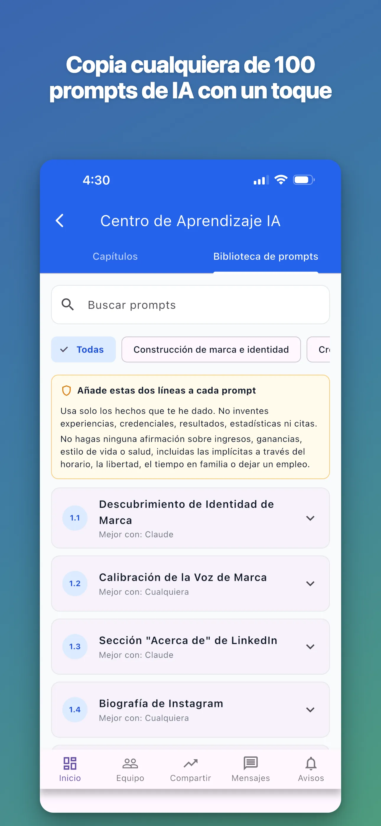 Biblioteca de prompts — 100 prompts de IA, se copian con un toque